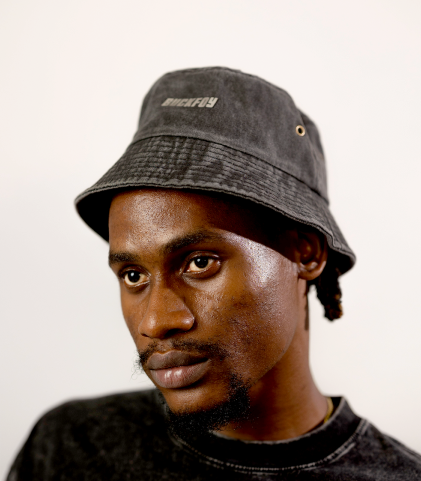Vinyl Logo Unisex Bucket Hat in Black Acid Wash Denim - Image 2