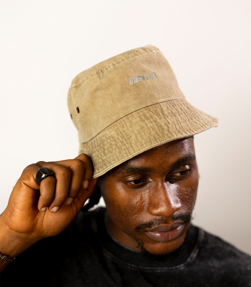 Vinyl Logo Unisex Bucket Hat in Washed Khaki Denim - Image 2