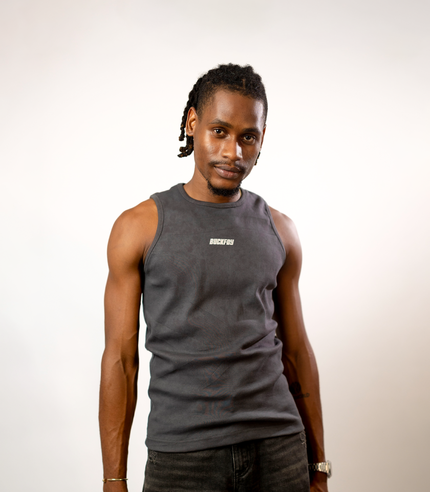 Vinyl Logo Muscle Fit Ribbed Vest in Grey