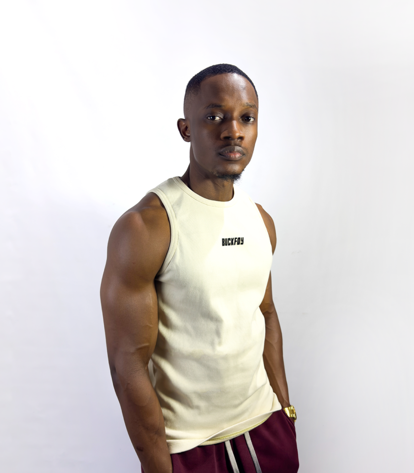 Vinyl Logo Muscle Fit Ribbed Vest in Beige