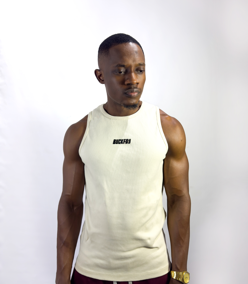 Vinyl Logo Muscle Fit Ribbed Vest in Beige - Image 2