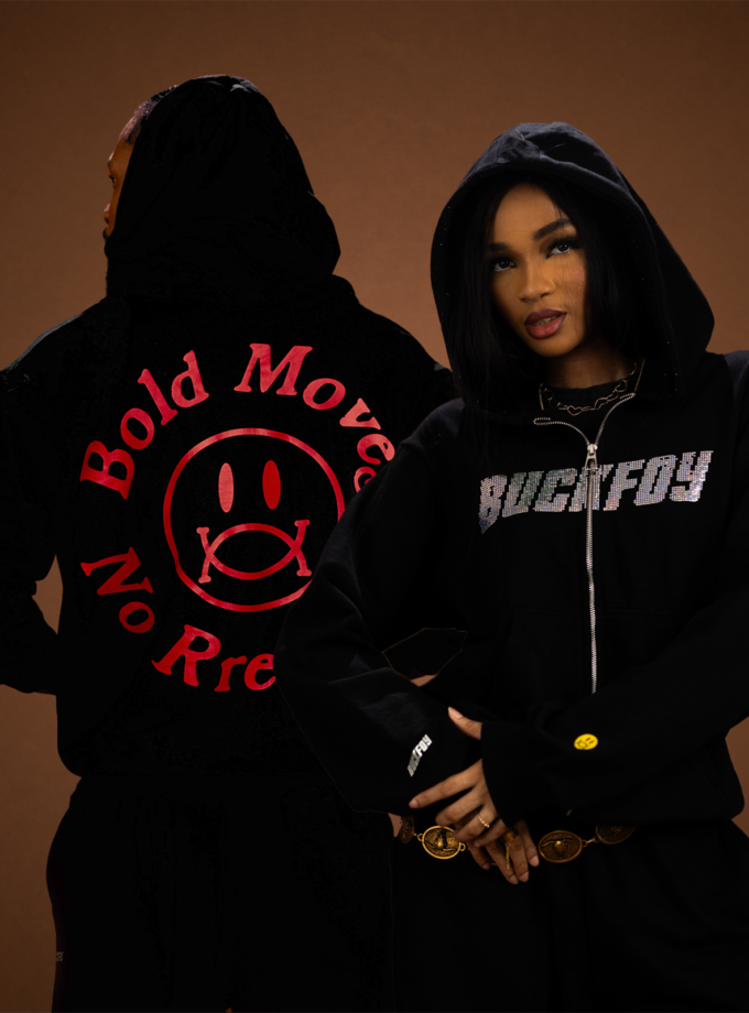 Rhinestone Logo Heavyweight Oversized Zip Through Hoodie 400gsm in Black