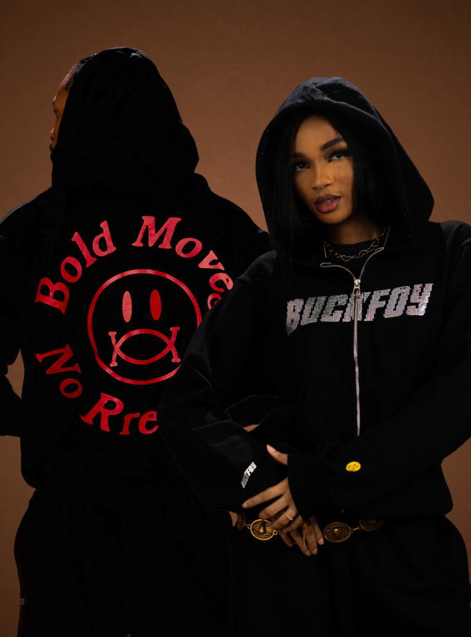 Rhinestone Logo Heavyweight Oversized Zip Through Hoodie 400gsm in Black