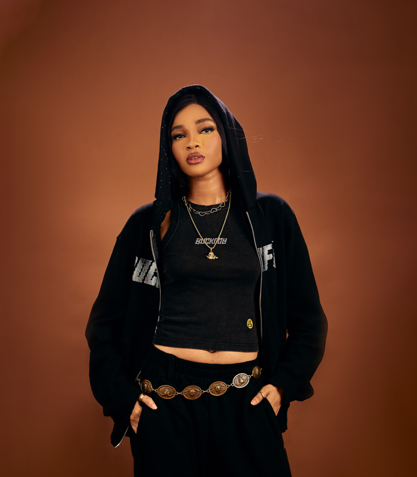 Rhinestone Logo Heavyweight Oversized Zip Through Hoodie 400gsm in Black - Image 2