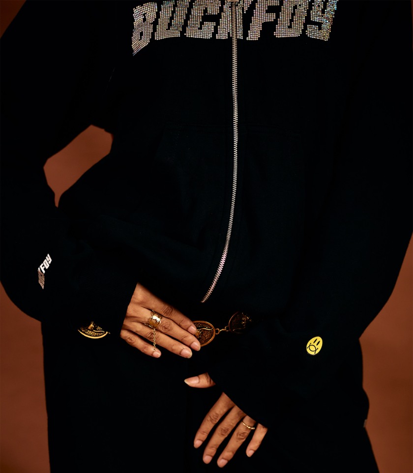 Rhinestone Logo Heavyweight Oversized Zip Through Hoodie 400gsm in Black - Image 6