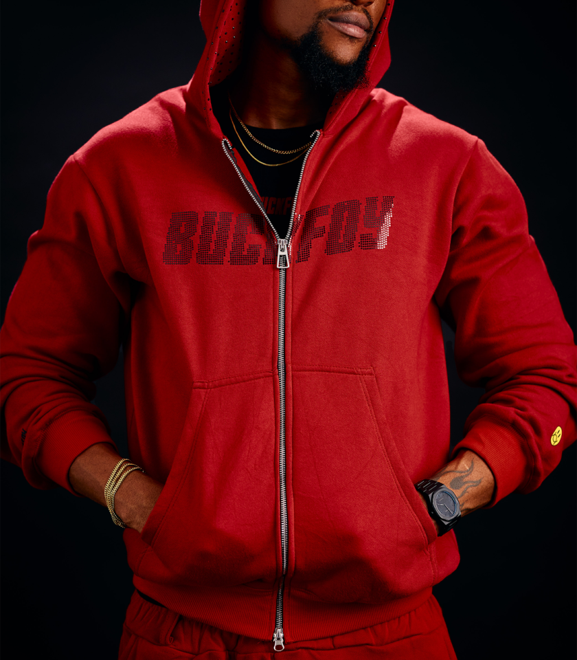 Rhinestone Logo Heavyweight Oversized Zip Through Hoodie 400gsm in Red - Image 3