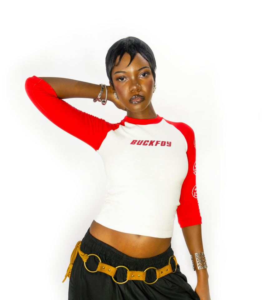 Logo Raglan 3/4 Sleeve Fitted Graphic Cropped T-shirt in Red and White - Image 2