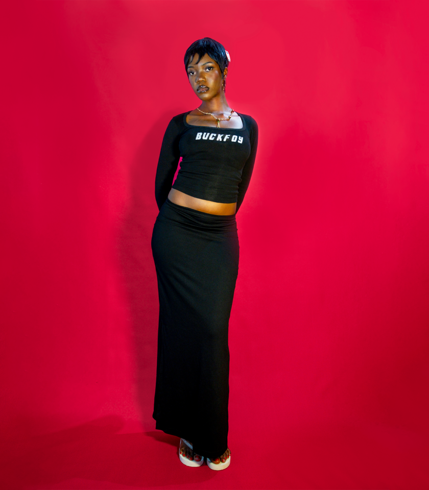 Long Sleeve Square Neck Graphic Crop Top in black - Image 4