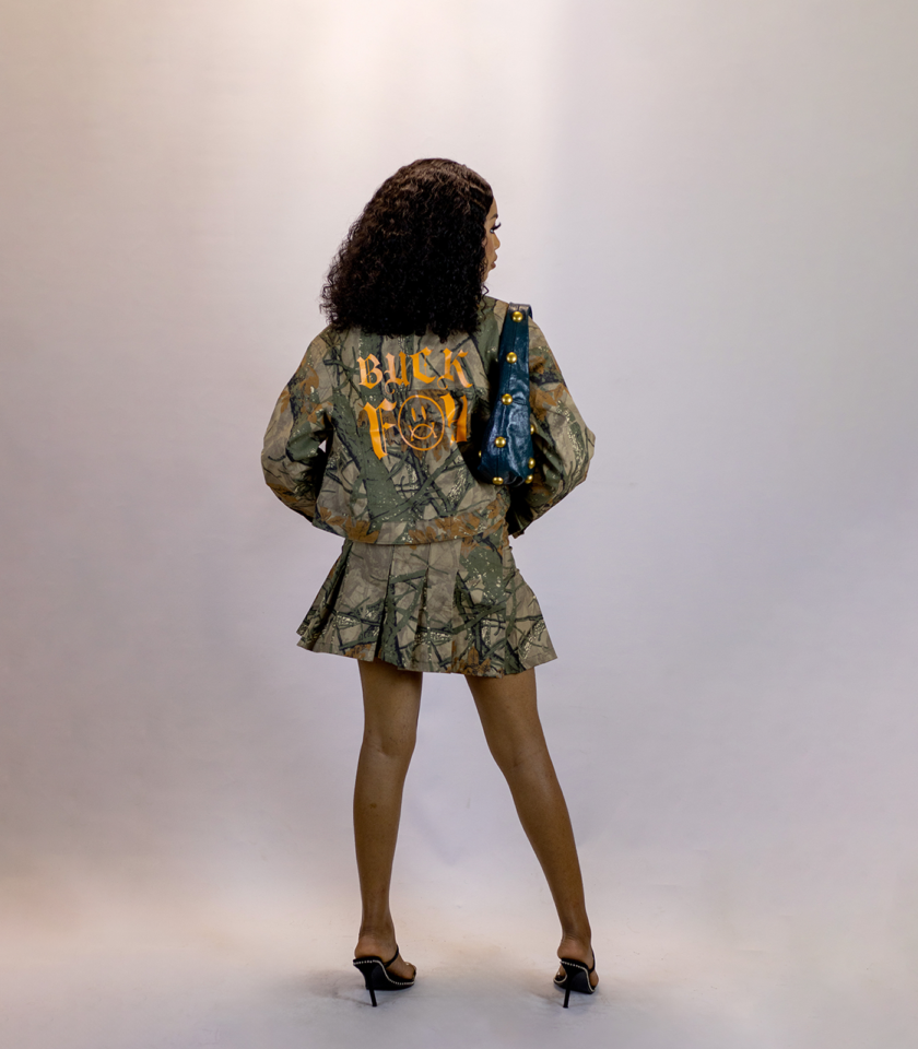 High Waist Pleated Logo Mini Skirt in Tree Camo - Image 2